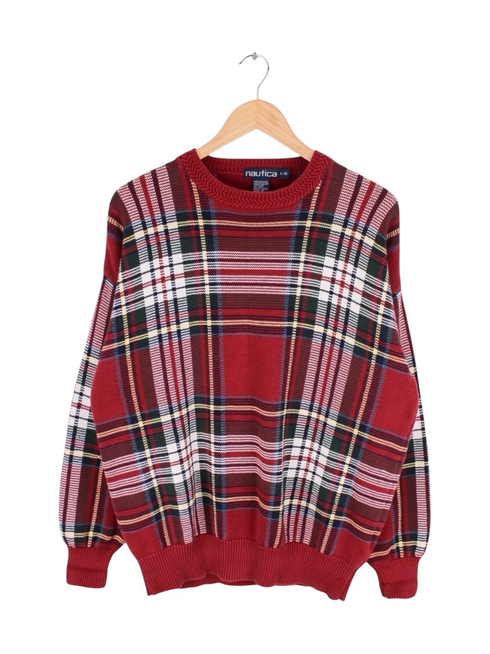 Nautica Vintage Plaid Knit Sweater‎ Mens Large Red Green Cotton Crewneck